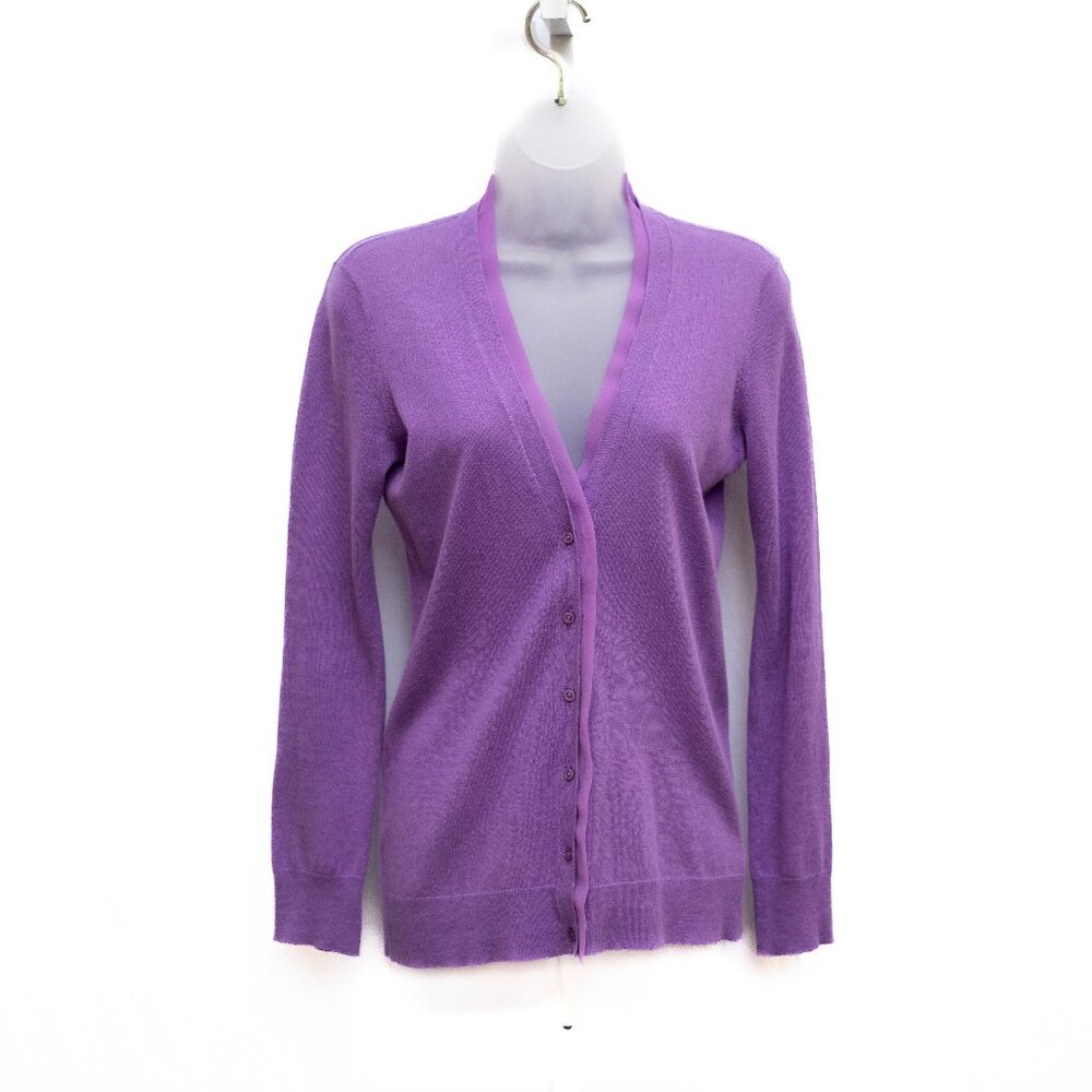 Ralph Lauren Purple Linen Blend Cardigan Womens XS/TP V-Neck Chiffon Trim Preppy